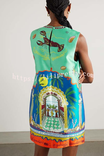 Natural Beauty Satin Unique Print Sleeveless H-line Mini Dress