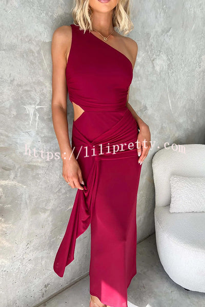 Solid Color Elegant Mesh One Shoulder Sexy Waist Hollow Out Maxi Dress