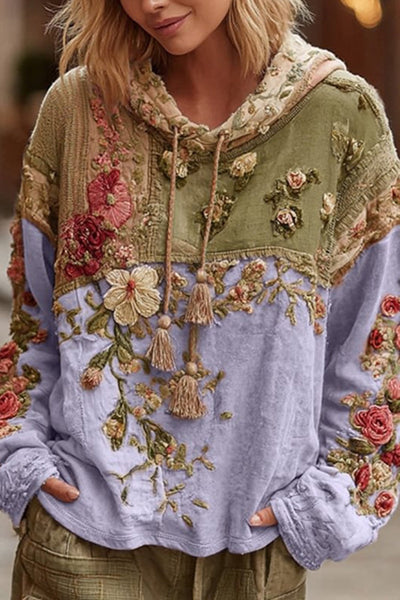 Floral Print Loose Hooded Long-Sleeved Sweatshirt