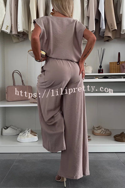 Santie Round Neck Cape Sleeve Loose Top and Elastic Waist Pocket Wide Leg Pants Set