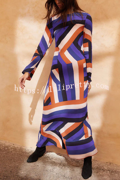 Smooth Lines Color Block Print Long Sleeve Bias Cut Loose Maxi Dress