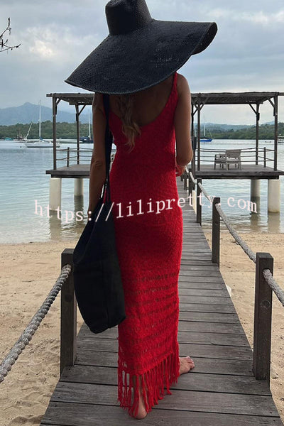 Sexy Cutout Slim Fit Fringed Hem Knitted Maxi Dress