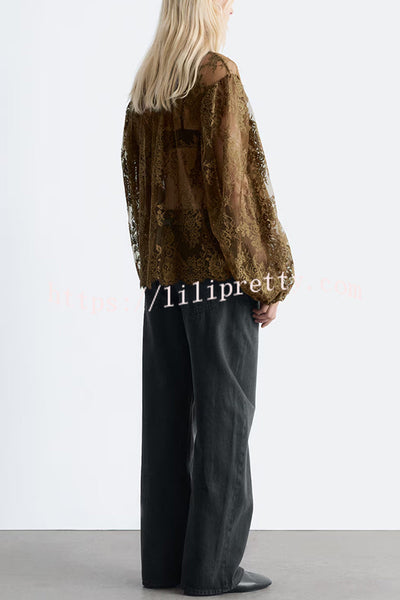 Reigna Semi-sheer Floral Lace Bow Neck Balloon Sleeve Loose Blouse