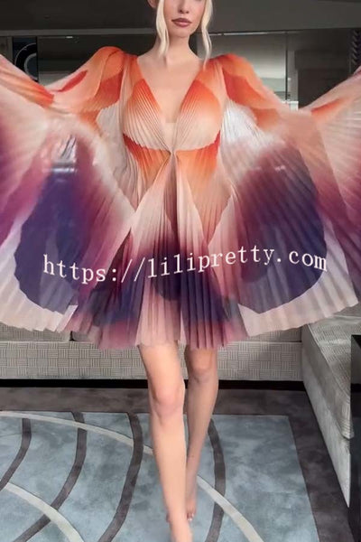 Like A Butterfly Pleated Unique Print Slit Bell Sleeve A-line Mini Dress