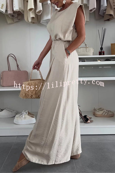 Santie Round Neck Cape Sleeve Loose Top and Elastic Waist Pocket Wide Leg Pants Set