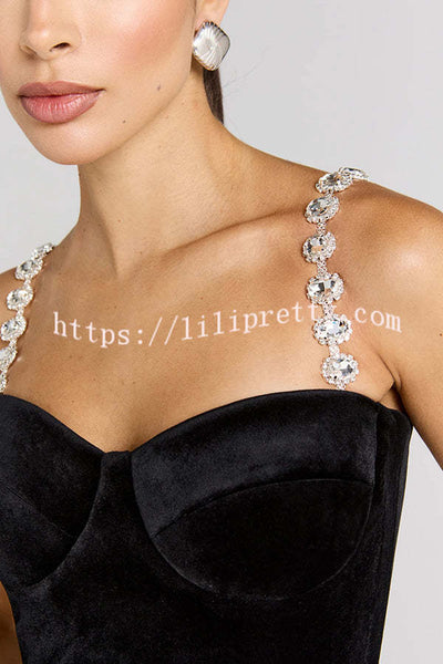Harley Luxurious Velvet Fabric Jewel-embellished Shoulder Straps Midi Dress