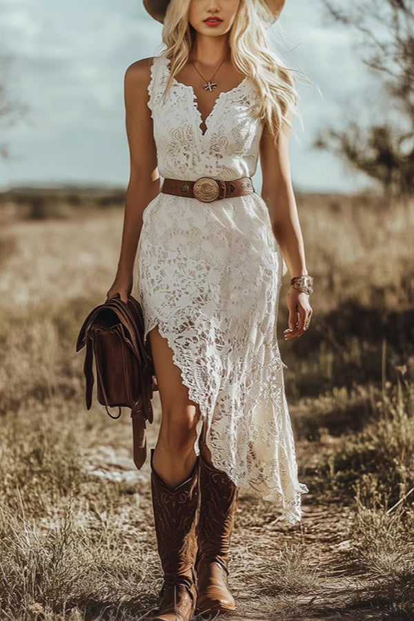 Sexy Lace Hollow V-neck Suspender Midi Dress