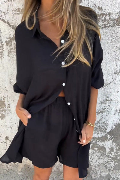 Solid Color Casual Lapel Long Shirt and Elastic Waist Loose Pocket Shorts Set