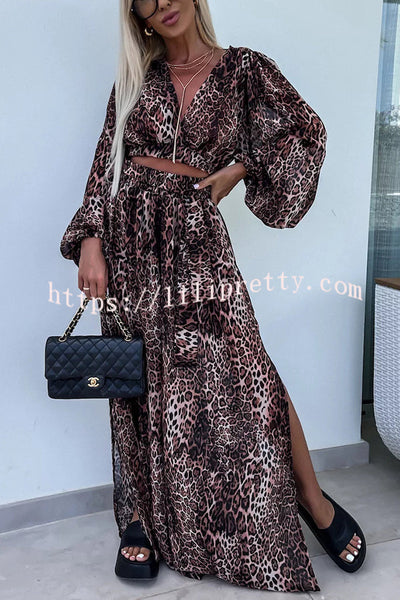 Lady Summer Leopard Print Lantern Sleeve Top and Elastic Waist Slit Pants Set