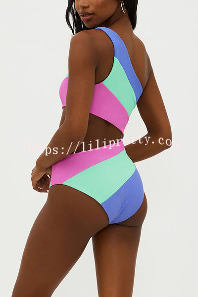 Justine Ribbed Color Block One Shoulder Cutout Stretch One-piece Swimsuit