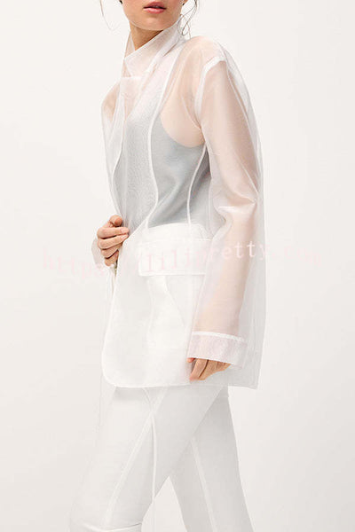 Simple and Light See-through Fabric Tie-up Long Sleeve Pocket Lapel Blazer