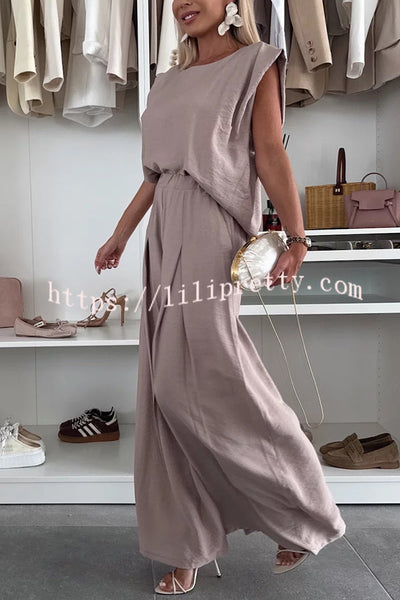 Santie Round Neck Cape Sleeve Loose Top and Elastic Waist Pocket Wide Leg Pants Set