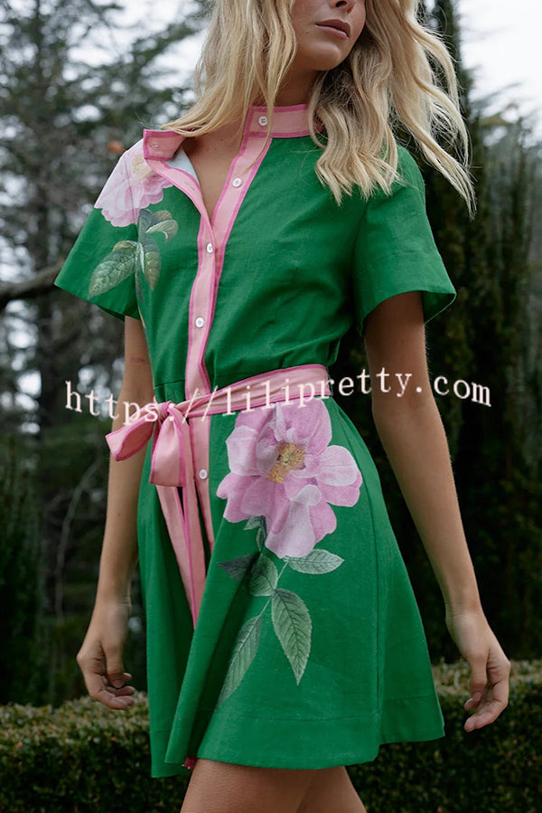 Floral Print Short Sleeve Button Waist Mini Dress