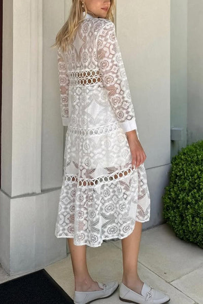 Solid Color Hollow Lace Lapel Button Long Shirt