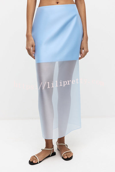 Simple and Light See-through Fabric Mid Rise Pencil Slit Midi Skirt