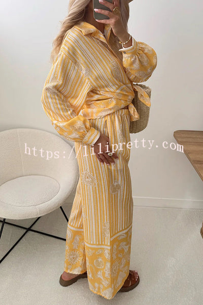 Holiday Style Unique Print Long Sleeve Lapel Loose Shirt and Elastic Waist Casual Pocket Pants Set