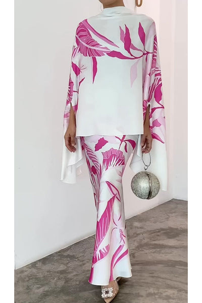 Matilda Satin Unique Print Drape Cape Sleeve Top and Elastic Waist Maxi Skirt Set