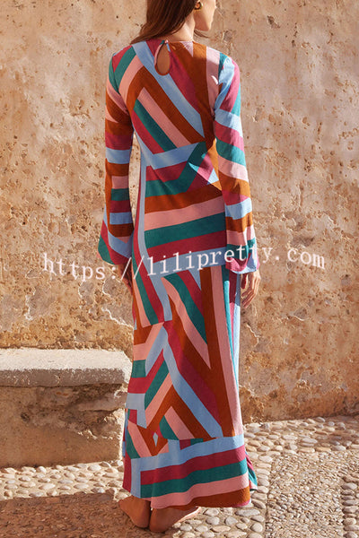 Smooth Lines Color Block Print Long Sleeve Bias Cut Loose Maxi Dress