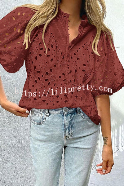 Hollow Embroidered Lace V-neck Buttoned Lantern Sleeve Blouse