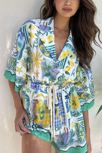 Holiday Style Unique Print Short-sleeved Casual Tie Rompers