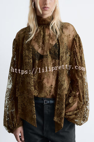 Reigna Semi-sheer Floral Lace Bow Neck Balloon Sleeve Loose Blouse