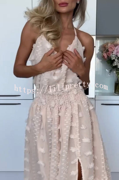 My Summer Beauty Flower Decor Elastic Waist Backless Halter Maxi Dress