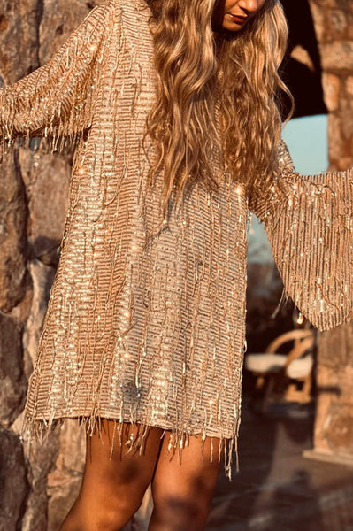 Flowing Shimmer Sequin Tassel Fabric Bell Sleeve Back Tie-up Loose Mini Dress