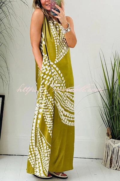 Gia Satin Unique Polka Dot Print One Shoulder Pocketed Maxi Dress