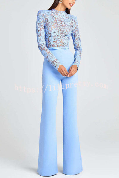 Party Charmer Flower Lace Patchwork Long Sleeve Bow Belted Flare Jumpsuit