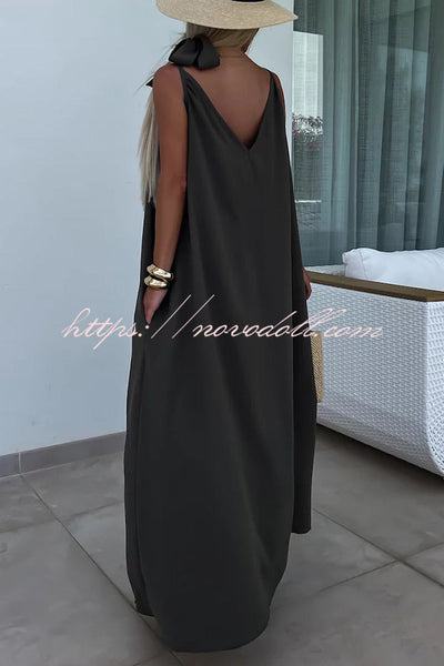 Long Story Solid Color Belted Pocket A-line Breathable Maxi Dress