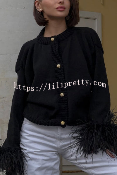 Solid Color Elegant Feather Long Sleeve Casual Knitted Cardigan