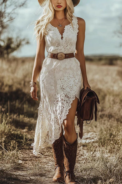 Sexy Lace Hollow V-neck Suspender Midi Dress