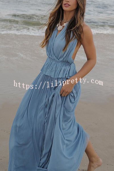 Romantic Goddess Pleated Fabric Halter Backless Tank and Elastic Waist Maxi Skirt Set