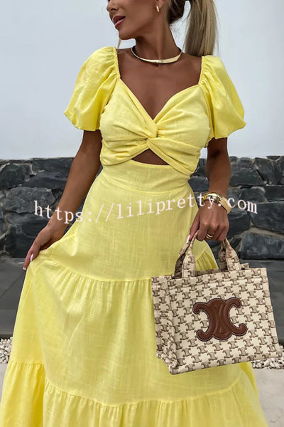 Solid Color Hollow Backless Puff Sleeve Maxi Dress