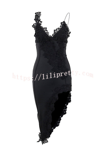 Sexy Lace Paneled Deep V Suspender Slim Midi Dress