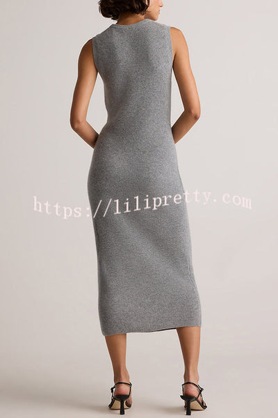 Soft and Warm Cashmere Ribbed Knit Sleeveless Midi Sweater Dress