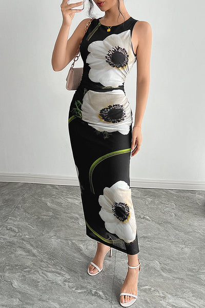 Floral Print Round Neck Sleeveless Mesh Fitted Maxi Dress