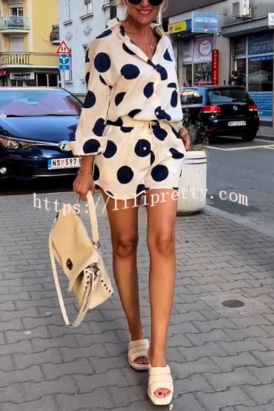 Giselle Linen Blend Polka Dot Print Lapel Long Sleeve Shirt and Elastic Waist Pocket Shorts Set