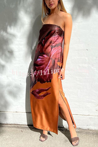 Floral Print Sexy Elastic Bandeau Slit Midi Dress