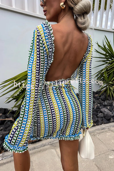 Ruffled Backless Long-sleeved Wavy Striped Beach Resort Mini Dress
