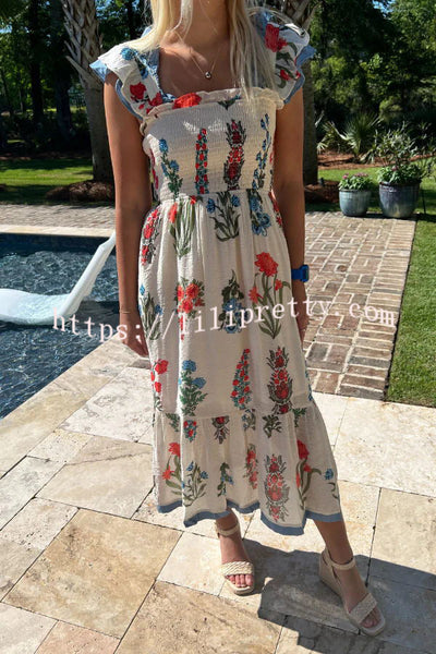 Glandon Linen Blend Flower Print Smocked Ruffle Strap Midi Dress