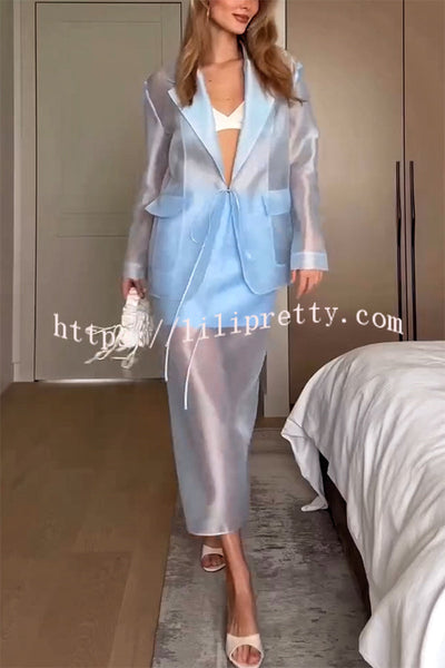 Simple and Light See-through Fabric Mid Rise Pencil Slit Midi Skirt