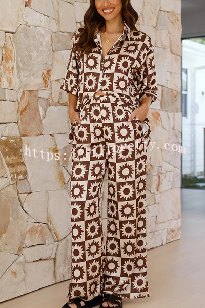 Freedom Forever Unique Print Short Sleeve Loose Shirt and Elastic Waist Pants Set