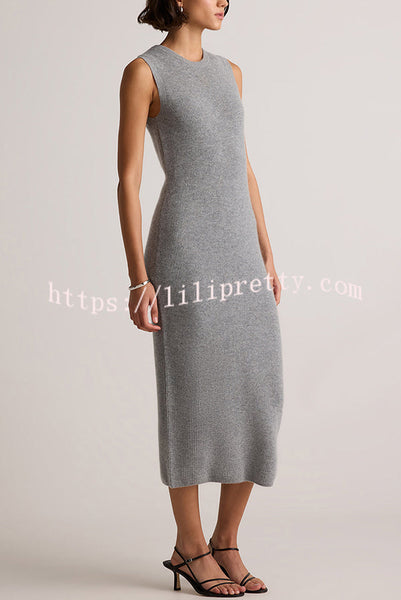 Soft and Warm Cashmere Ribbed Knit Sleeveless Midi Sweater Dress