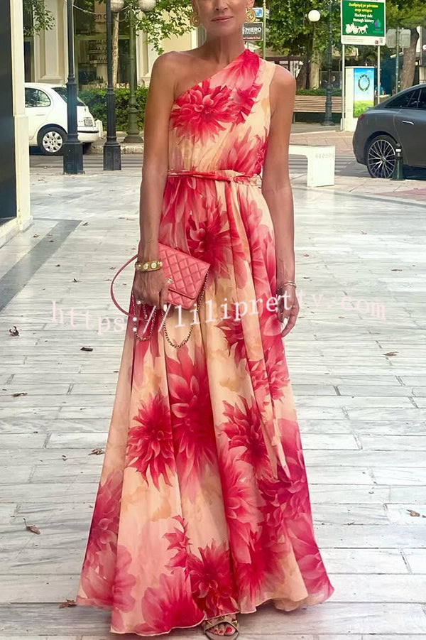 Floral Print One Shoulder Waist Tie Full Hem Resort Style Maxi Dress