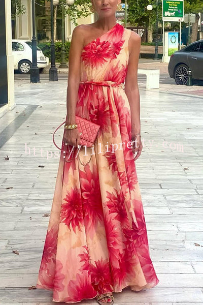 Floral Print One Shoulder Waist Tie Full Hem Resort Style Maxi Dress