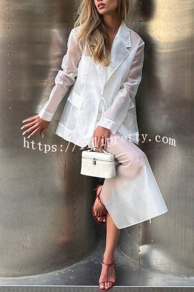 Simple and Light See-through Fabric Mid Rise Pencil Slit Midi Skirt