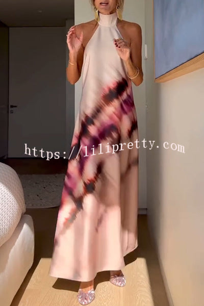 Heaven Love Satin Printed Halter Tie-up Backless A-line Maxi Dress