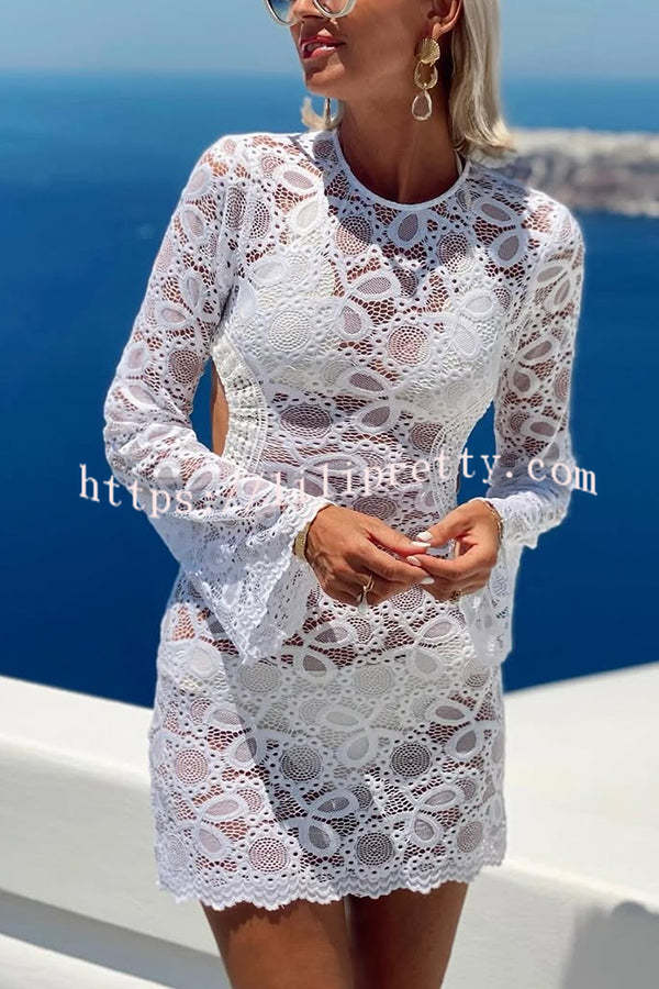 Santorini Sunset Floral Lace Long Sleeve Backless Tie-up Vacation Mini Dress