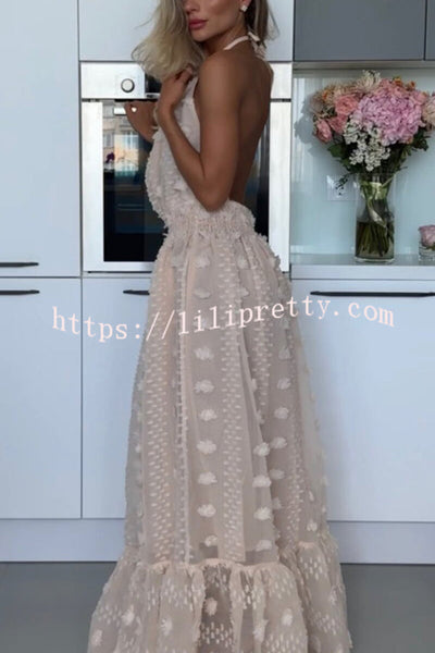 My Summer Beauty Flower Decor Elastic Waist Backless Halter Maxi Dress